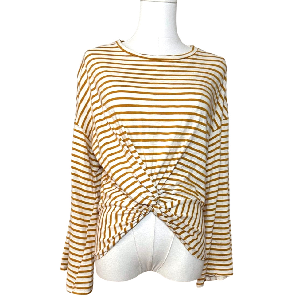 Lush Cotton Twist Front Golden Yellow White Stripe Bell Sleeve Top Medium